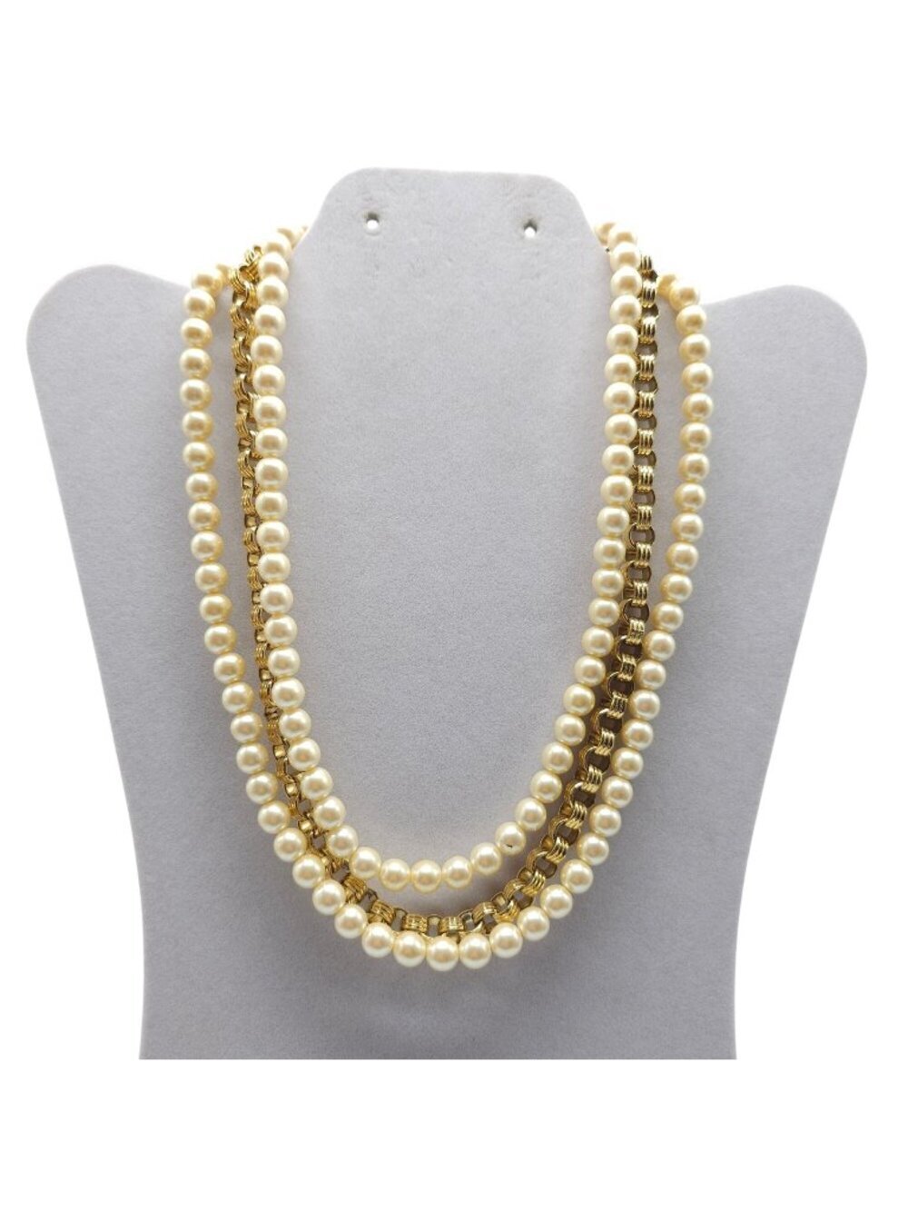 Givenchy Vintage Gold Faux Pearl Triple Strand Necklace Greek Key Clasp 18 Inch